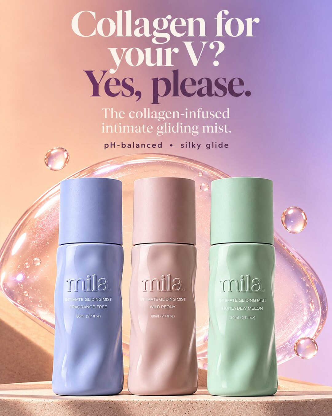 Bloom Fragrance-Free, Wild Peony and Honeydew Melon. Collagen for your V? Yes, please. The collagen-infused intimate gliding mist.