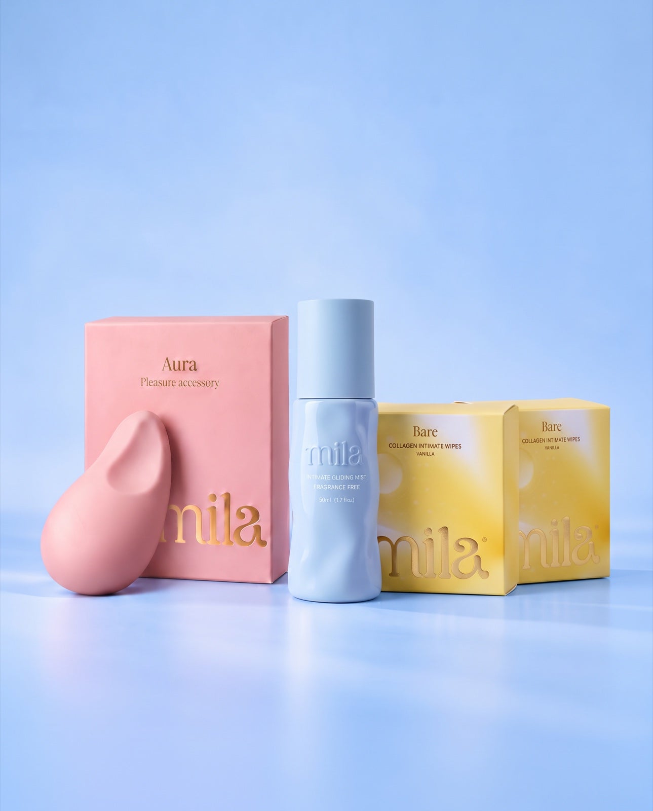 Aura with its box, a Bloom bottle and two boxes of Bare wipes