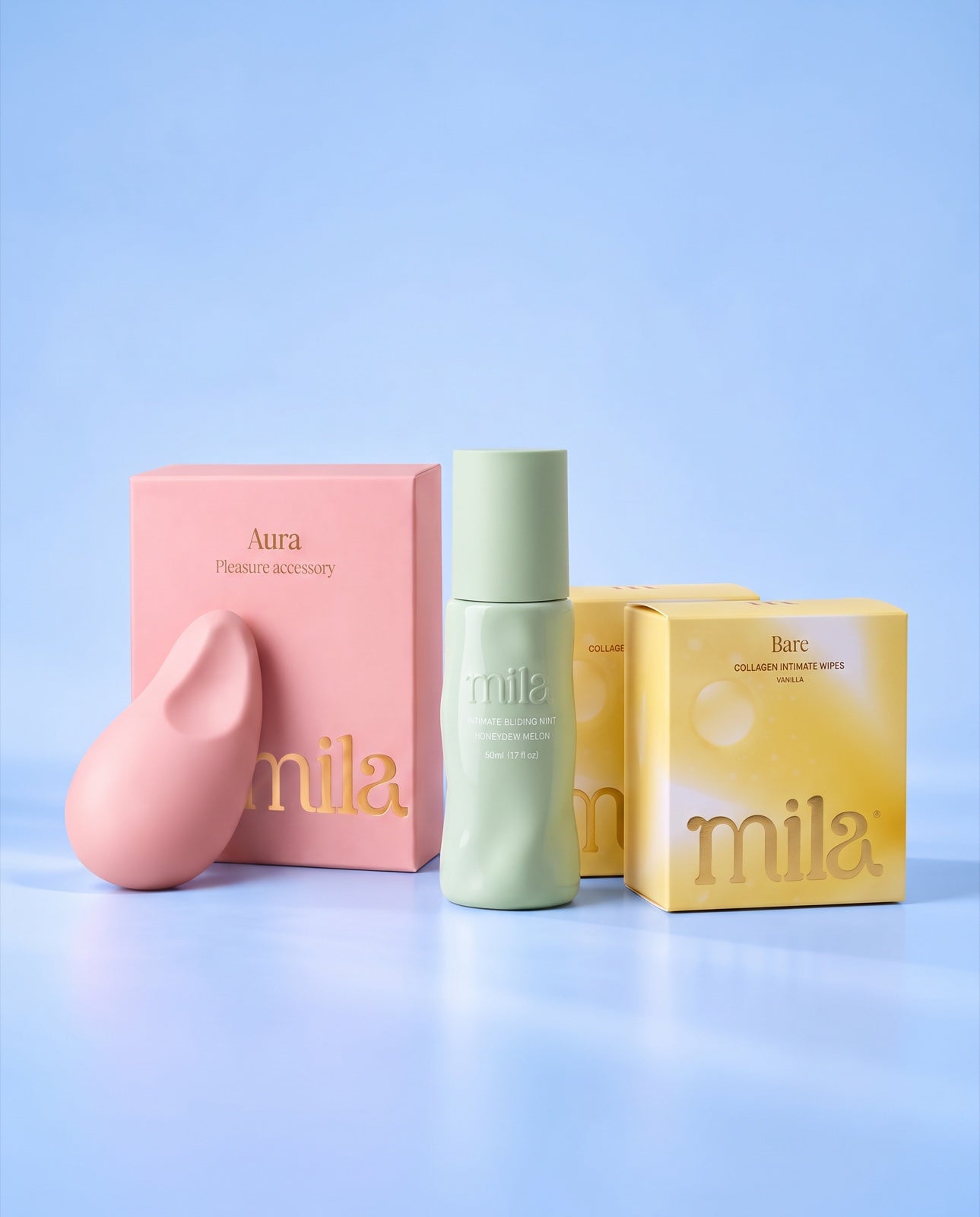 Aura with its box, a Bloom bottle and two boxes of Bare wipes