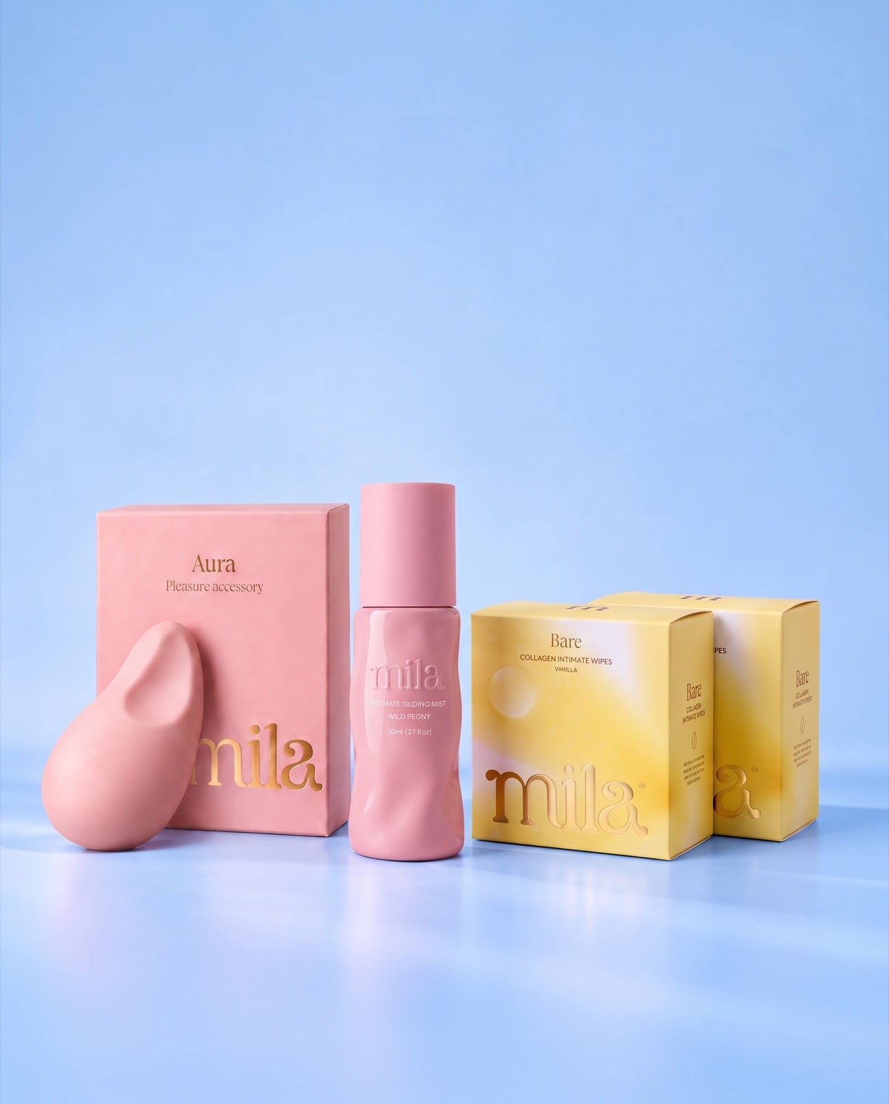 Aura with its box, a Bloom bottle and two boxes of Bare wipes