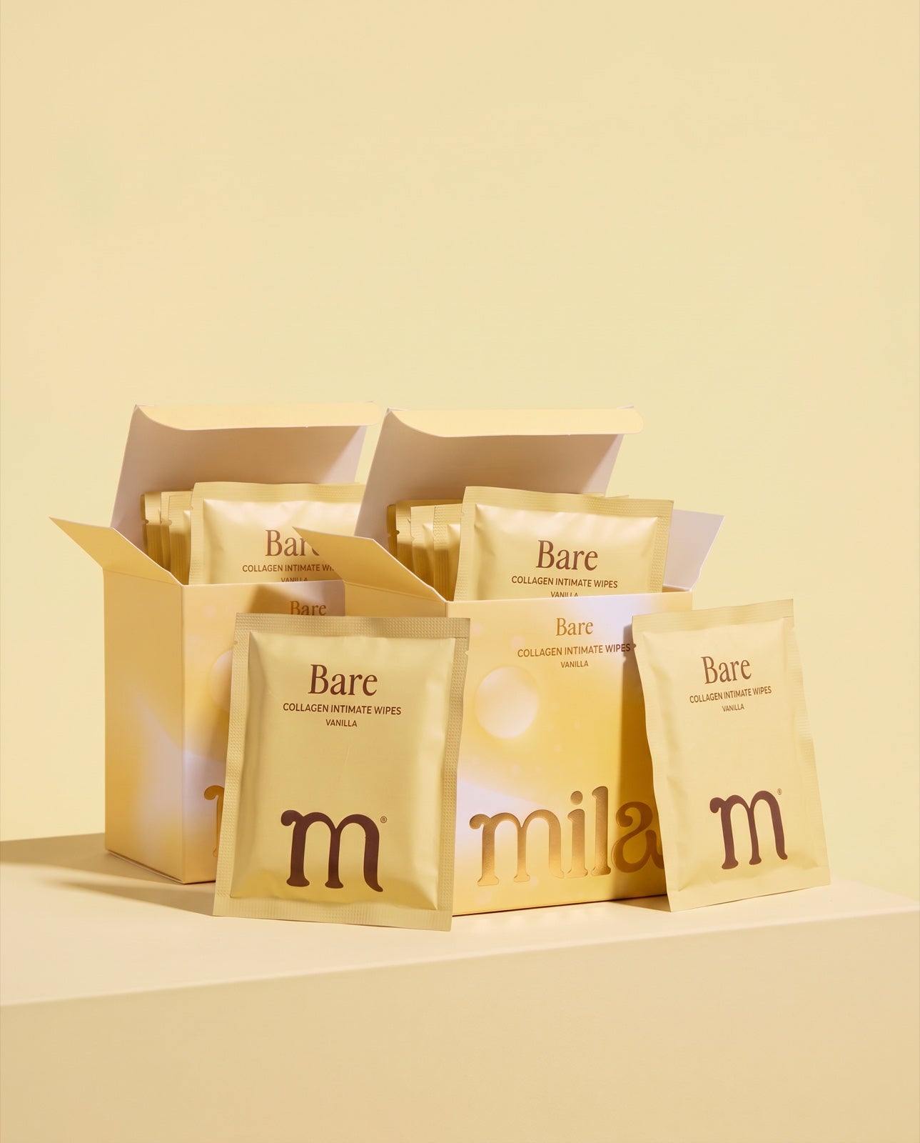 Two boxes of Bare collagen intimate wipes, 60 individually wrapped wipes