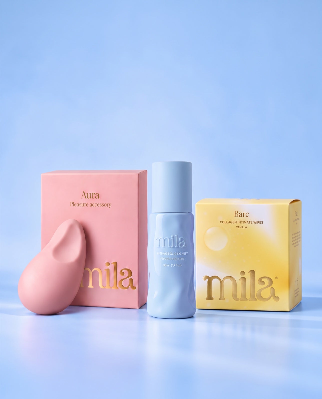 Aura with its box, a Bloom bottle and a box of Bare wipes