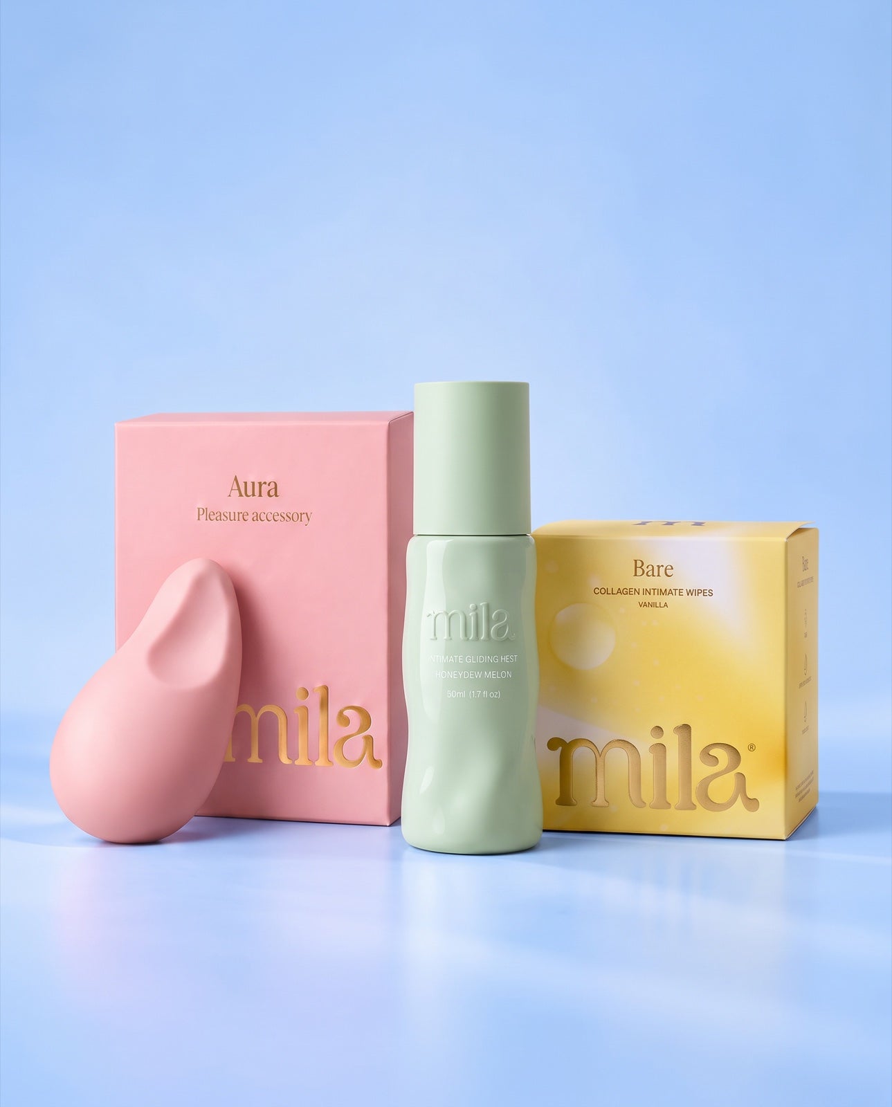 Aura with its box, a Bloom bottle and a box of Bare wipes