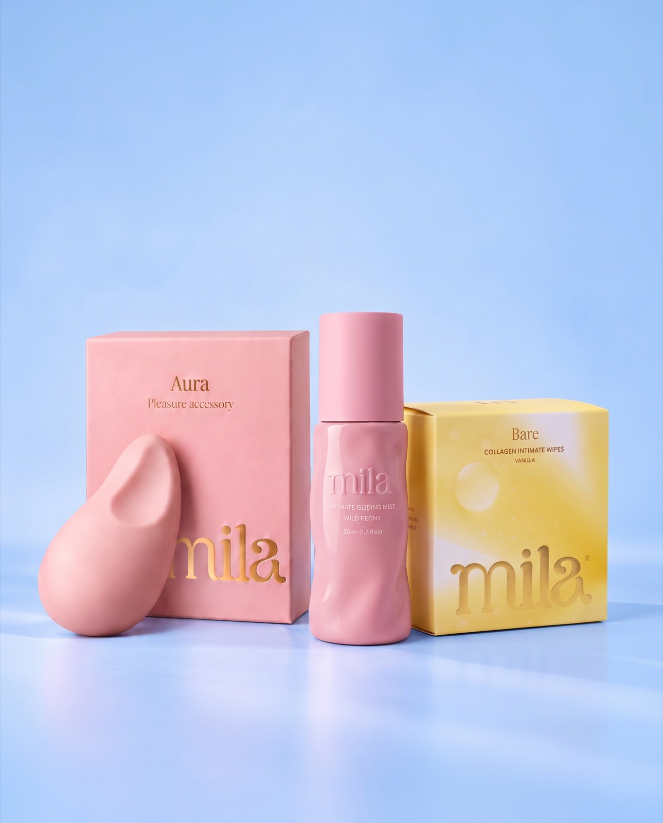 Aura with its box, a Bloom bottle and a box of Bare wipes